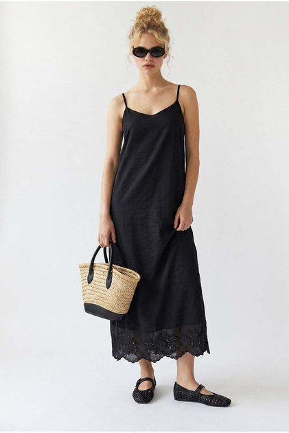 4937 Women's Chiffon Embroidery Detailed Strappy Lined Midi Dress Black