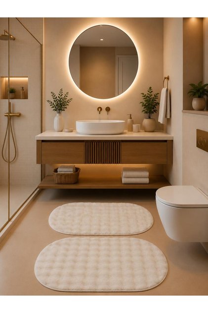 Bubble Embossed Color Cream Soft Plush Bath Rug Set of 2 Non-Slip Base Washable Without Fringe 50X80(Oval)60X100(Oval)