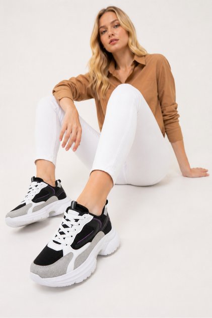 Pantofi sport de damă negru și alb cu talpă groasă