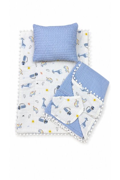 4 Piece Pique Muslin Baby Swaddle Set Double Sided – Blanket, Pillow, Scarf, Bib and Swaddle Cover