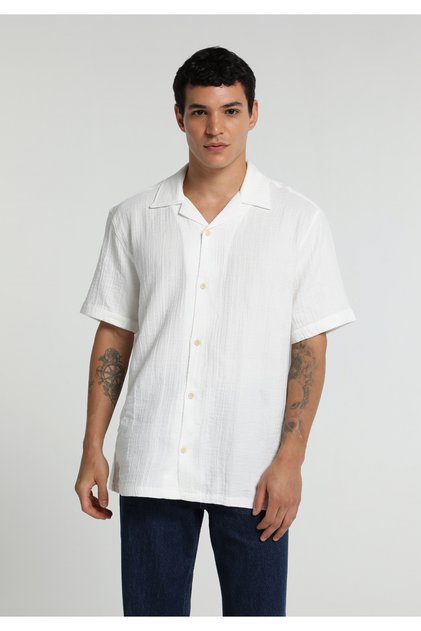 Relaxed Fit Notched Collar Plain Men's White Short Sleeve Shirt