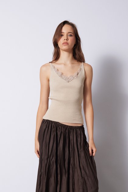 Lace-Detail Tricot Top Beige