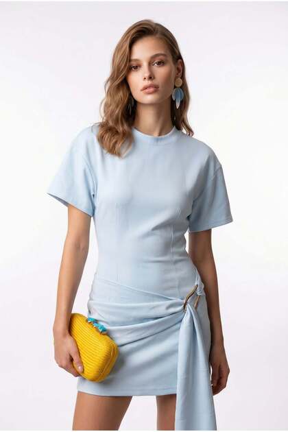 2144 Women's Draped Belted Half Sleeve Mini Dress Baby Blue
