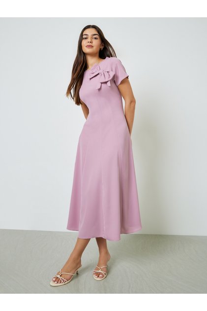 Pink Bow Decor A-Line Midi Dress