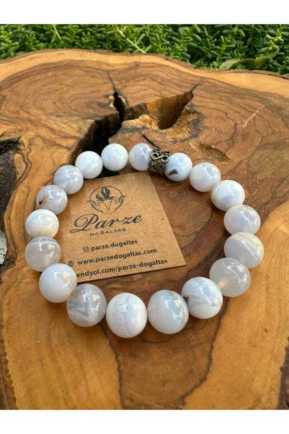 Blue Chalcedony (Kadıköy Stone) 10 mm Natural Stone, Bracelet with Silver Fittings