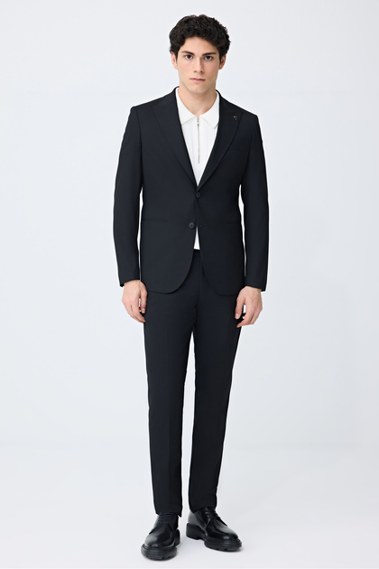Slim Fit Siyah Armürlü Takim Elbise