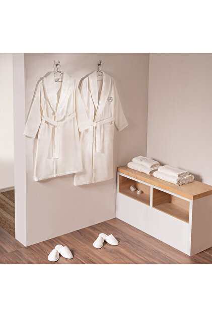 Nare Aile Bathrobe Set 100% Organic Cotton Embroidered Cream/Cream - M/L