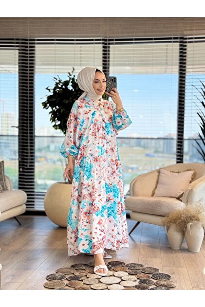 ASHILDA 24EL078 Büyük Çiçek Desenli V Yaka Elbise Kiremit - Fiyatı