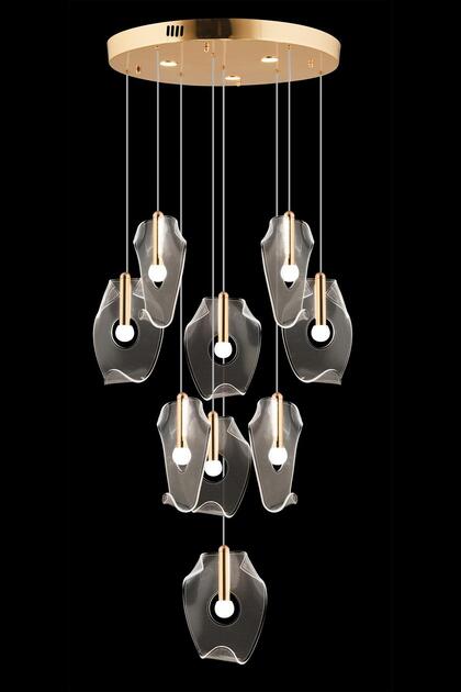 AV-7015-8051-8+1 Gold Kaplama Klasik Avize LED Metal Pleksi H: 100 cm, Ø: 50 cm