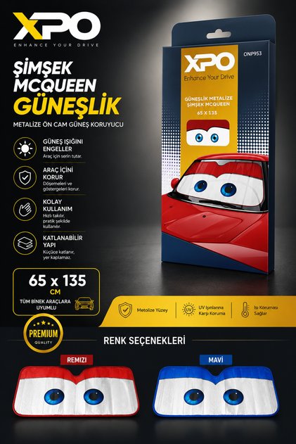 Şimşek McQueen Metalize Ön Cam Güneşliği 65x135 cm Katlanabilir Kırmızı/Mavi