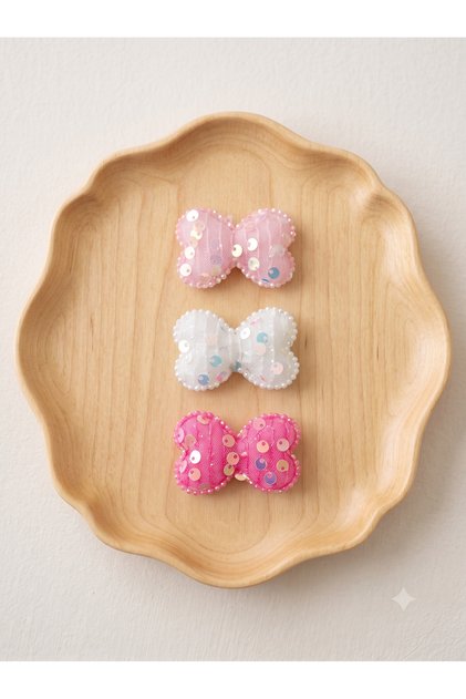 Set of 3 Sequined Bow Baby Hair Clips - Special for Babies Without Hair or with Little Hair