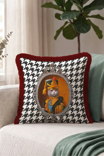 Cat Portrait Baroque Fringed Pillowcase - Eclectic Black Burgundy Tassel Throw Pillow Cover with Noble Figures