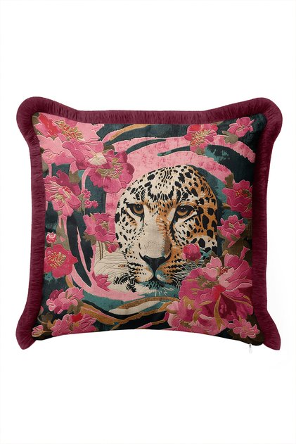 Exotic Leopard Floral Pattern Fringe Pillowcase-Wild Botanical Pink Burgundy Tassel Throw Pillow Cover