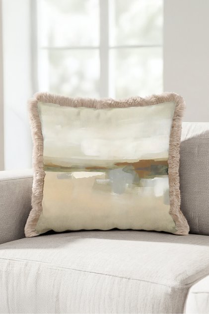 Abstract Landscape Decorative Fringed Pillowcase - Watercolor Bohemian Beige Gray Mink Tassel Throw Pillow Cover