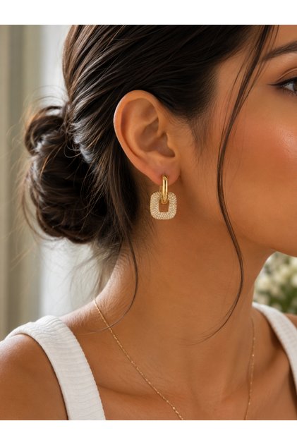 Women's Stainless Steel Gold Color Zircon Detail Chain Hoop Design Earrings