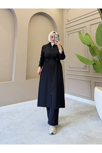 Women's 2-Piece Pearl Detailed Dabıl Fabric Hijab Set – Long Jacket and Pants Set with Zipper N-05531 _ Black