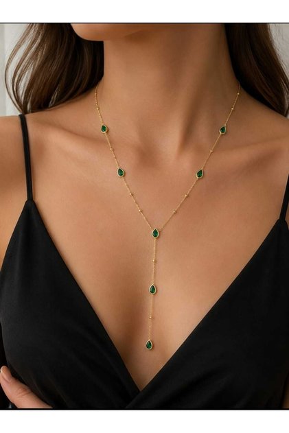 925 Ayar Gümüş Yeşil Damla Yolu Kolye