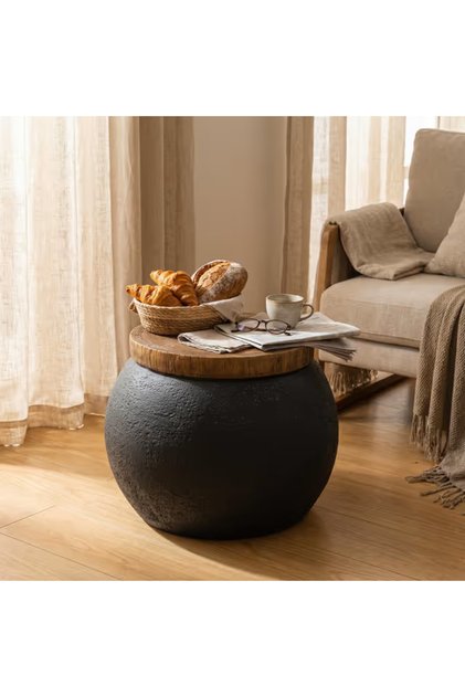 Măsuță laterală tip tambur, rotundă, neagră, cu aspect de lemn, pentru living, dormitor, balcon și terasă