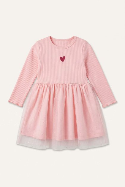 Rochie din bumbac brodat cu maneca lunga, roz deschis, pentru fetita I3585A526AU