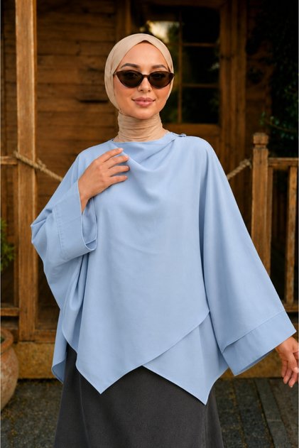 Düğmeli Yarasa Kol Modal Kimono Panço - Bebe Mavi