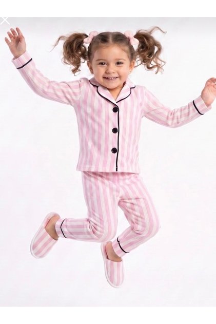 463954 Pink Striped Slippers 3-Piece Pajama Set 4Y,5Y,6Y Girl