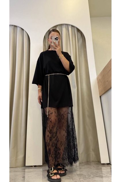 Rochie casual neagra cu dantela si maneci scurte
