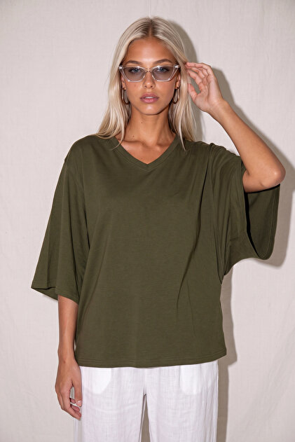 Kadın Oversize T-Shirt V Yaka Kısa Kollu Pamuklu Rahat Kesim