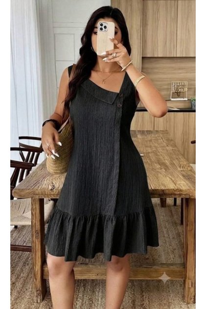 Women's Thick Strapped Asymmetrical Collar Crinkle Dress with Ruffle Detail at the Hem