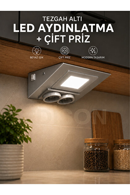 Edison Tezgah Altı LED Aydınlatma Çift Prizli Beyaz Metal Kasa