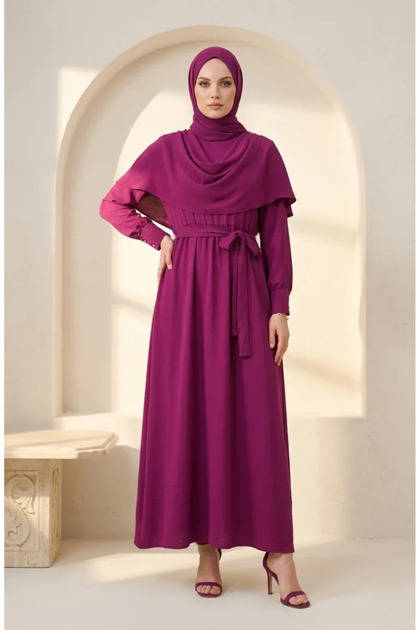 Cape Detailed Belted Hijab Dress 2291-06 Plum