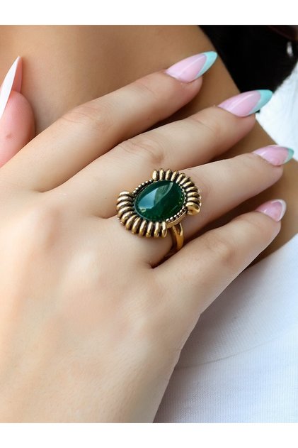 Natural Stone Green Agate Natural Gemstone Women's Antique Adjustable Ring Euy94Ya
