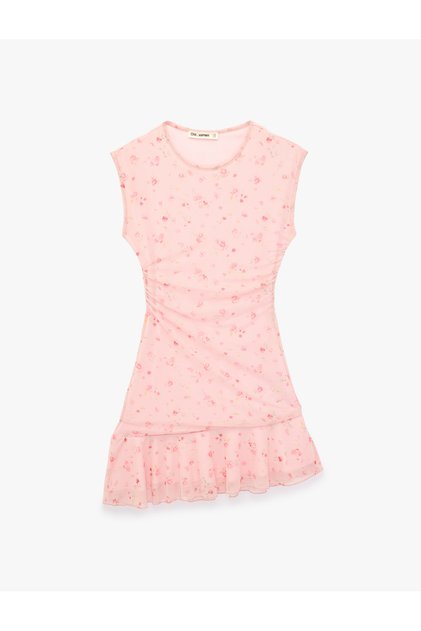Slim Fit Bisiklet Yaka Drapeli Asimetrik Kesim Çiçekli Mini Tül Elbise