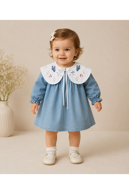 Nakışlı Bebe Yaka Kız Bebek Denim Mevsimlik Elbise