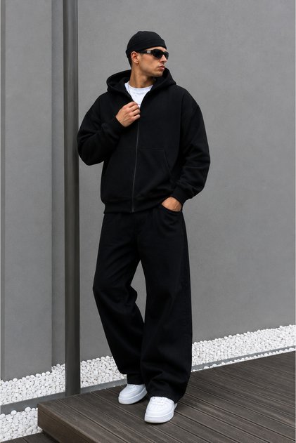 Erkek Oversize Cepli Fermuarlı Kapüşonlu Sweatshirt Hırka