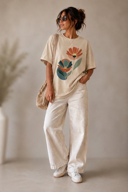 Minimal Double Floral Print Crew Neck Casual Unisex Oversize T-Shirt - Cotton Casual T-Shirt