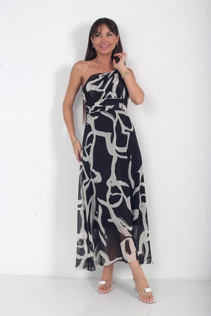 Women's Helen One Shoulder Buckle Detailed Lined Abstract Pattern Long Chiffon Dress