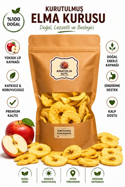 Kurutulmuş Elma Kurusu Doğal Dilimli Kuru Meyve Kraft Doypack 500 gr