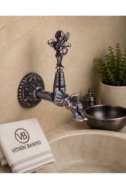 Antique Copper Kurna Faucet with Ottoman Angel Figure, Nostalgic Hammam Faucet, Antique Complete Brass