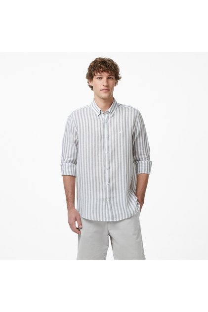 Men's Green Regular Fit Striped Linen Shirt