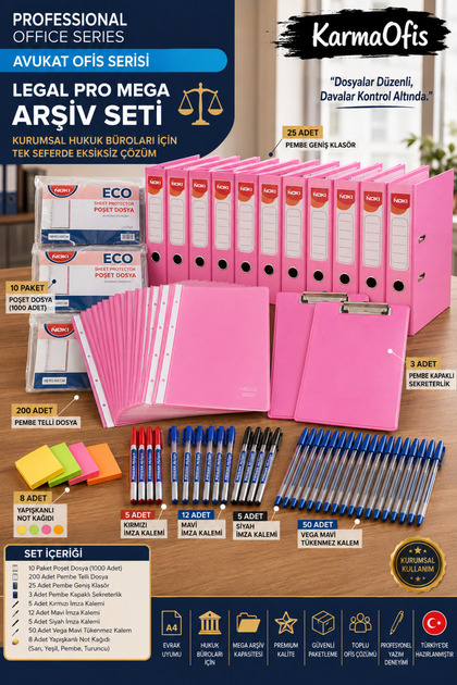 Lawyer Office Series Mega Pink Archive Set | 10 Pack Pouch Folders + 200 Ring Binders + 25 Wide Folders + Secretary Folder + Pen Set + Sticky Note Paper