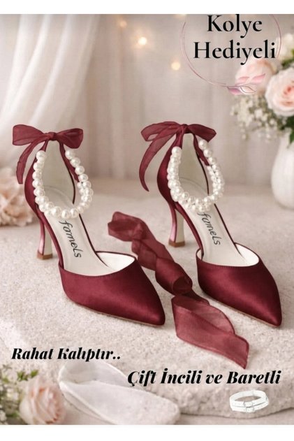 Burgundy Satin Short-Heeled Women's Evening Dress Shoes