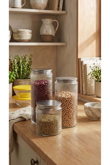 Set of 3 Metal Vacuum Lid Glass Storage Containers 1000 ml 1500 ml 2000 ml | Ribbed Glass Jar