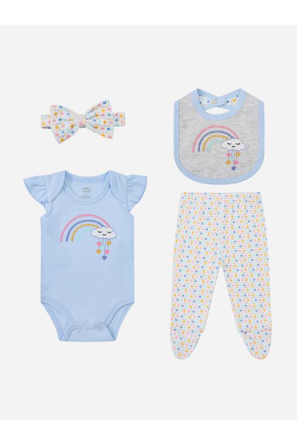 Pack of 4 - Baby Cotton Frill Sleeve Bodysuit and Footed Leggings with Bib and Headband 0-9M