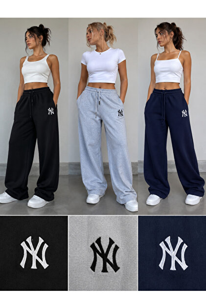 3-Pack Women's Ny Printed Seasonal Sweatpants (Black-Gray-Navy Blue) Basic Oversize Casual Comfortable Cut