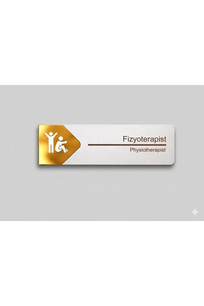 Fizyoterapist Kapı Tabelası Aynalı Gold Pleksi Simgeli – Kişiselleştirilebilir Yönlendirme Levhası 20x7 cm