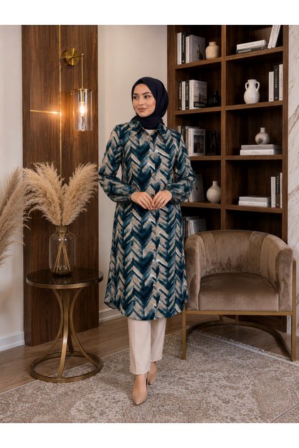 Women's New Season Elegant Patterned Viscose Fabric Tunic Shirt with Elastic Sleeves