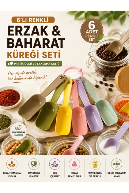 6'lı Ölçü Küreği Seti Renkli Baharat Kahve Erzak Saklama Kaşığı Pratik Ölçü Aparatı