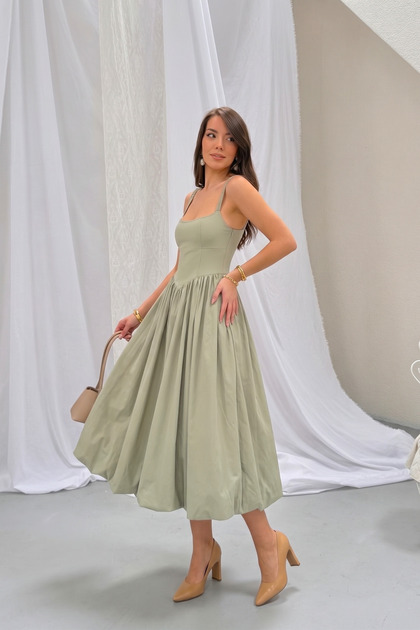 Women's Midi Length Balloon Cut Cotton Fabric Dress with Elastic Straps