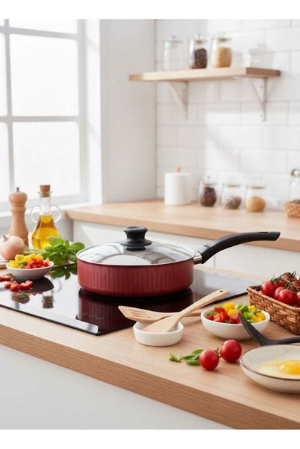 Non-Stick Aluminium Deep Frying Pan with Lid & Heat Resistant Handle Red/Black 22cm