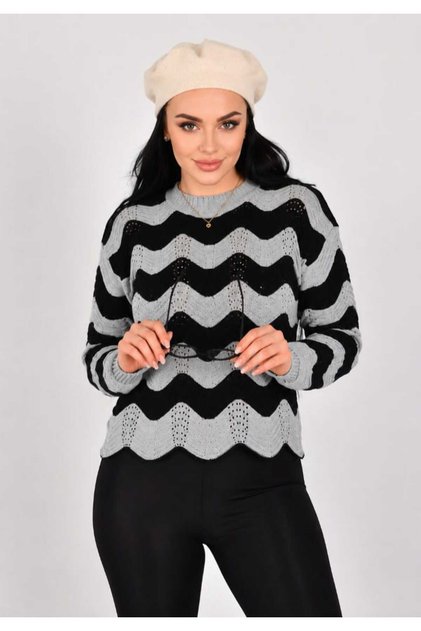 Women's Zigzag Knit Detailed Striped Crew Neck New Season Knitwear Sweater